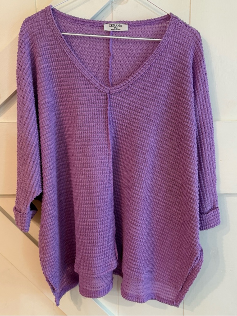 Zenana Lavender Waffle Knit Oversized V-Neck Top | Rolled‎ Sleeve Tunic Size S/M